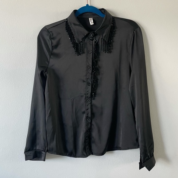 Baifenbai Black Silk long sleeve button down shirt with stone tassels - Picture 1 of 6
